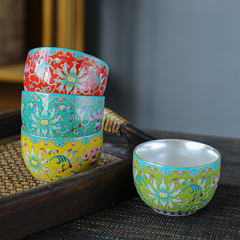 围炉冰茶单杯纯银茶杯陶瓷品茗杯茶碗手工鎏银家用礼盒装伴手礼