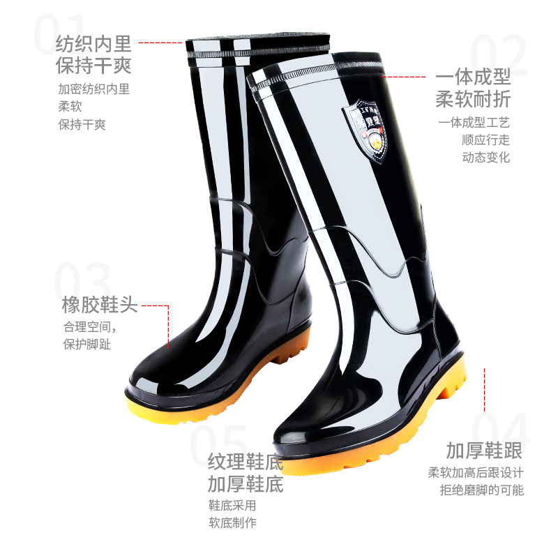 Construction Site Knee-High Black Labor Protection Fleece-Lined Rain Boots Men's Kitchen Rubber Boots PVC Rubber Labor Protection Rain Shoes Wholesale