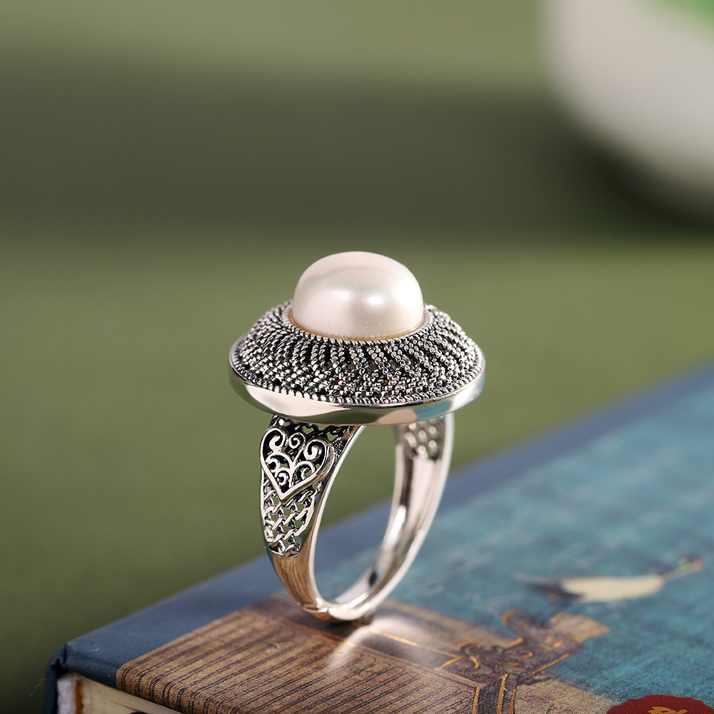 人品银品 泰银精工手饰s925银镶淡水珍珠戒指 欧式花边个性指环
