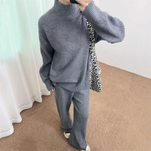 韩系慵懒风针织套装女秋冬新款半高领毛衣你上衣休闲阔腿裤两件套