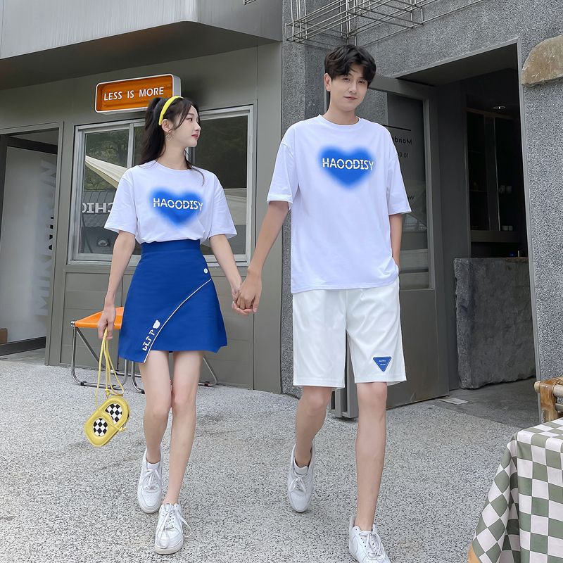 情侣装夏装网红ins超火宽松显瘦爱心字母印花短袖t恤百搭女裙套装
