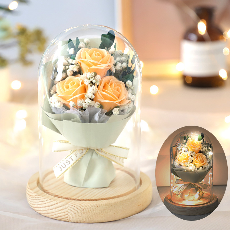 Preserved Fresh Babysbreath Rose Soap Flower Finished Bouquet Decoration Glass Cover Valentine's Day Gift Birthday Gift Box