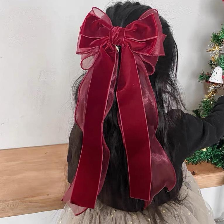 复古丝绒长飘带新年头饰酒红丝绒大蝴蝶结发夹新娘后脑勺敬酒发卡