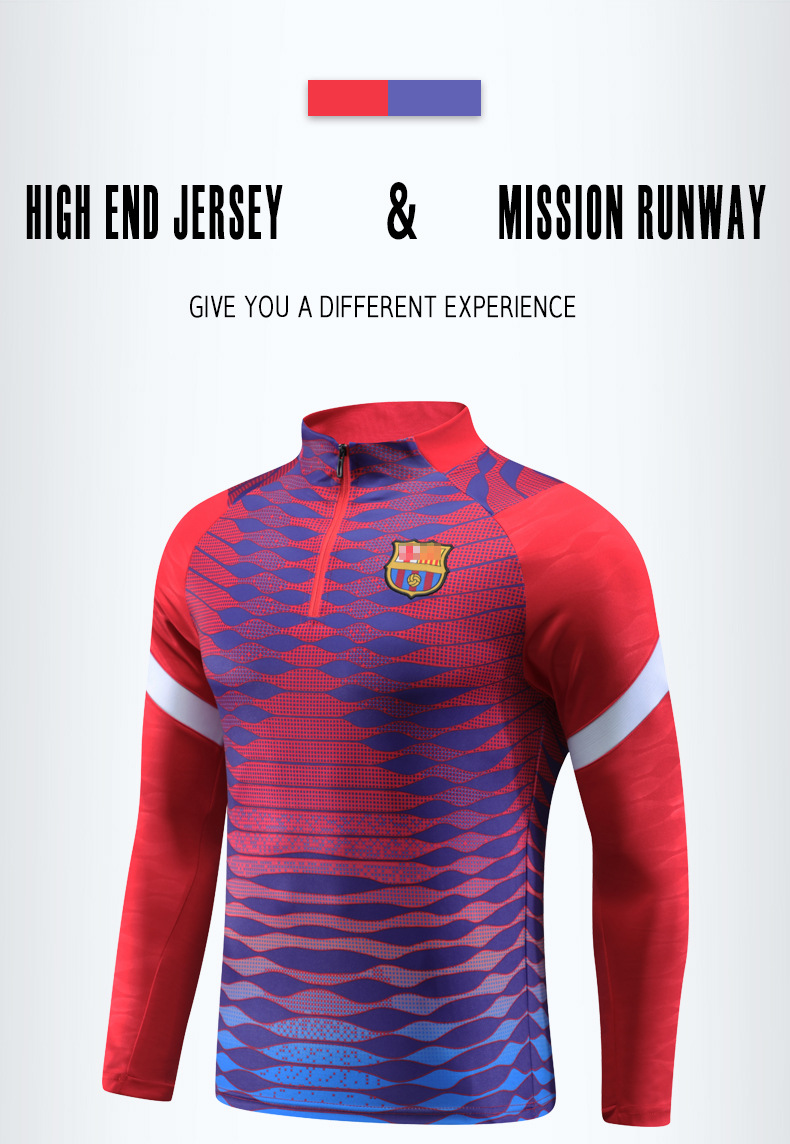 秋冬巴萨足球球衣套装男半拉链长袖足球训练服小学生儿童队服