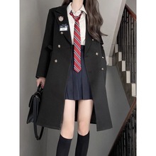 韩版学院风外套毛呢制服外套大衣女2024年冬季新款黑色中长款风衣