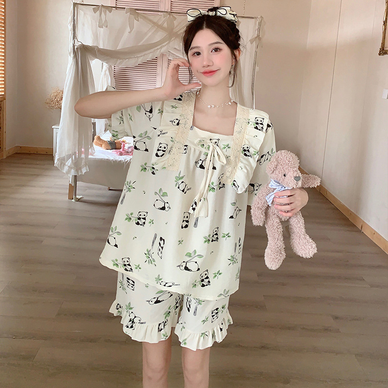 云朵棉睡衣短袖薄睡衣女公主风熊猫网红甜美套装家居服蕾丝套装