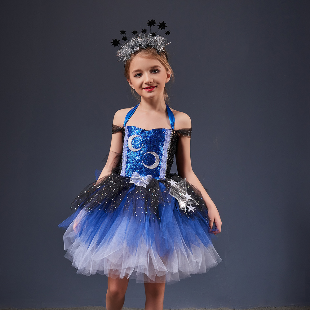 女童连衣裙星星月亮亮片网纱儿童蓬蓬裙生日舞蹈表演tutu礼服裙