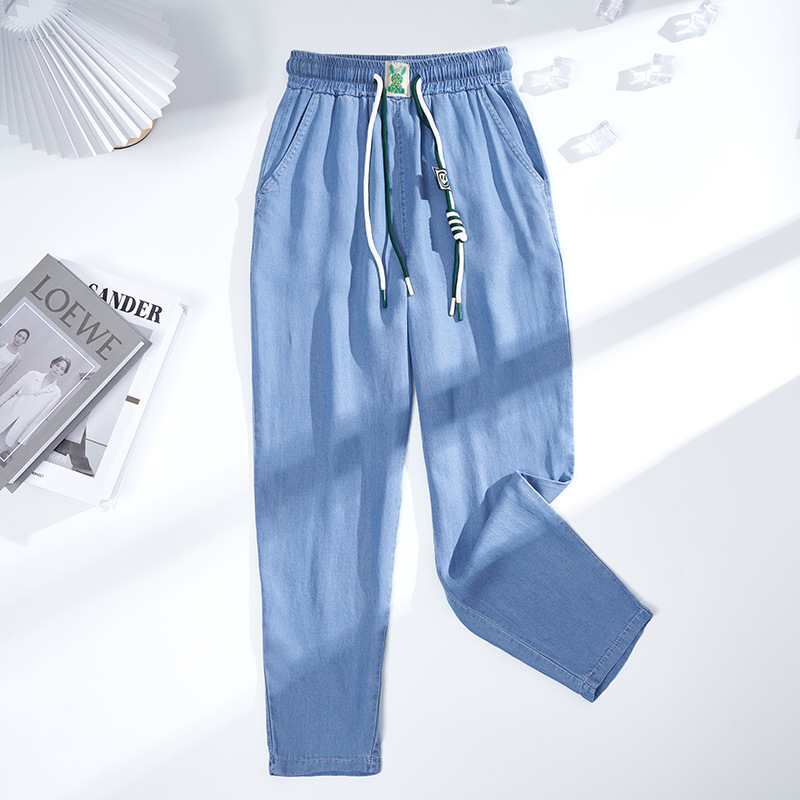 Real Shot Ice Silk Women's Pants Summer Thin 2023 New High Waist Ankle-Tied Xiuhua Harem Casual Lyocell Jeans Women