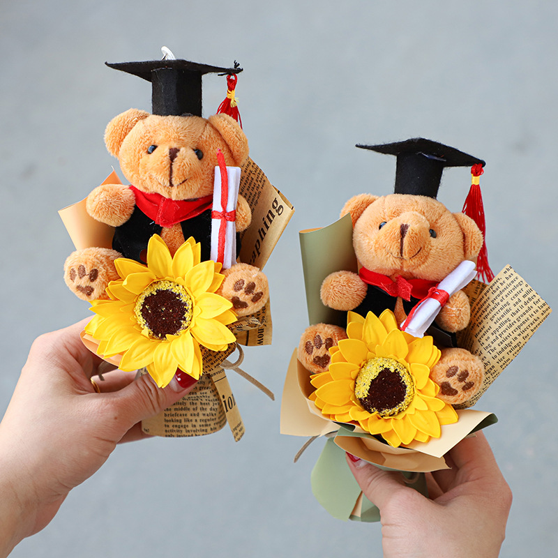 迷你毕业小熊花束向日葵博士熊卡通花伴手礼毕业季典礼活动小礼品
