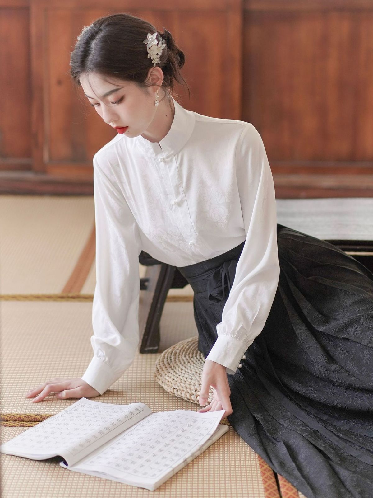 New Improved Hanfu Women's Ming-Made Han Elements Chinese Style Suit Daily Stand Collar Shirt Jacquard Horse-Face Skirt Long Dress