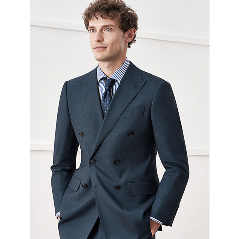 新款欧式双排扣西服套装男士鸟眼纹商务休闲西装修身新郎结婚礼服
