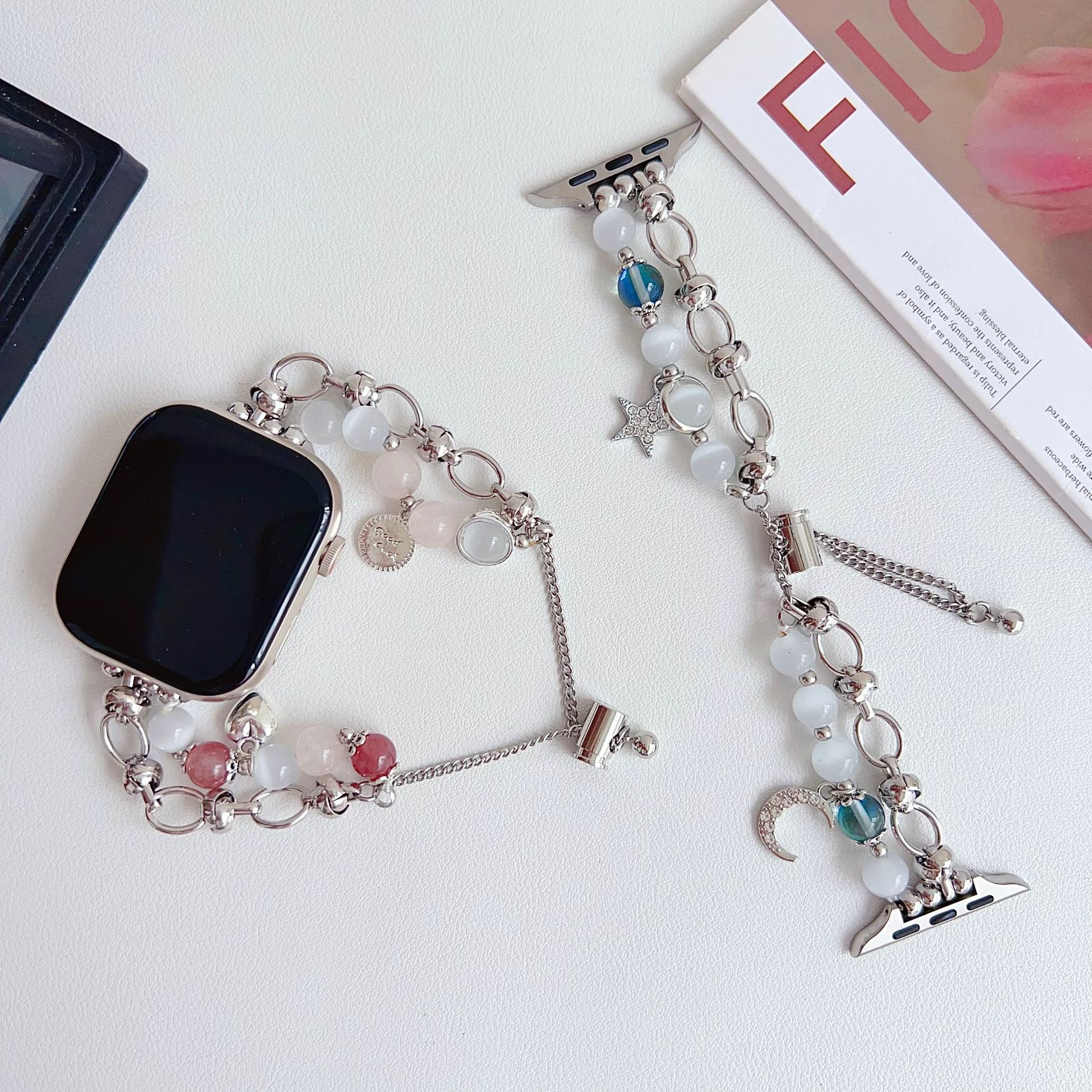 适用于苹果789代彩色猫眼石手链表带 三星华为智能手表可调节表链