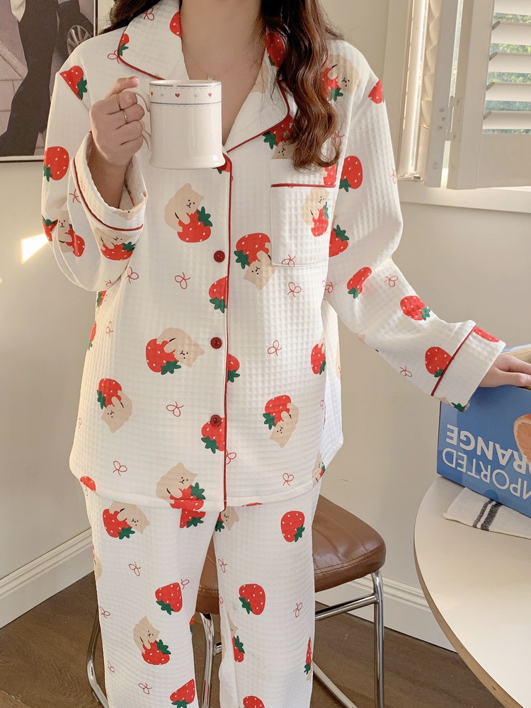 华夫格夹棉韩版秋冬新款睡衣女套装加厚保暖印花外穿家居服睡袍