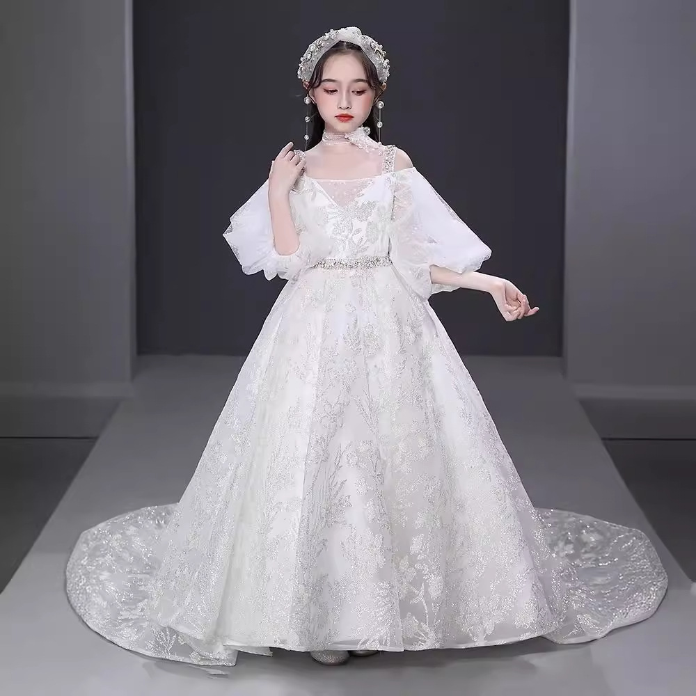 女童礼服2024新款洋气拖尾高端儿童模特走秀主持小女孩钢琴演出服