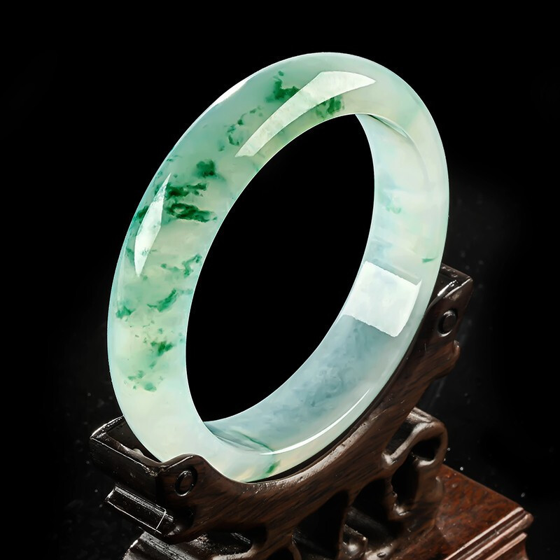 缅甸批发老坑冰糯种翡翠手镯白底青飘阳绿花玉镯子细腻