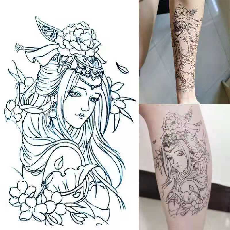 半臂逼真割线虞姬线条刺青艺妓花臂纹身贴貂蝉滴泪艺伎纹身贴纸