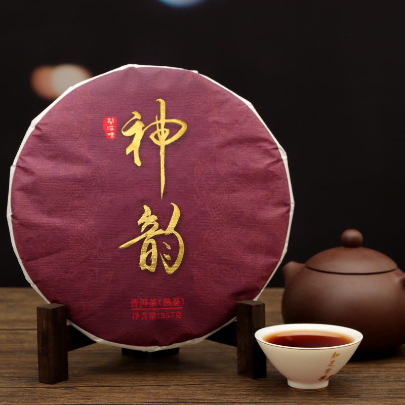 2019年神韵357g普洱熟茶云南勐海普洱茶熟茶茶饼茶叶批发熟普饼茶