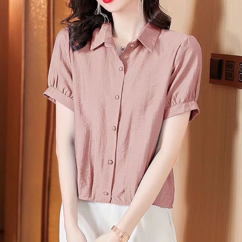 夏天上衣女纯色棉麻上衣2023新款女装短袖妈妈宽松休闲大码衬衫潮