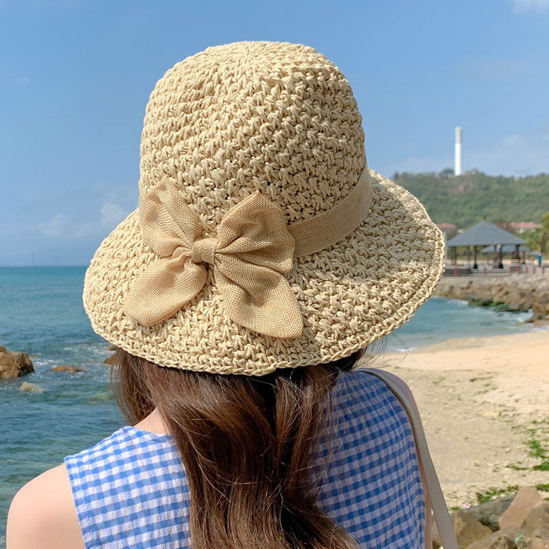 Straw Hat Women's Bow Woven Seaside Fisherman Hat Korean Style Fashionable Face-Covering Sun Hat Internet Celebrity Sun-Proof Sun-Proof Hat
