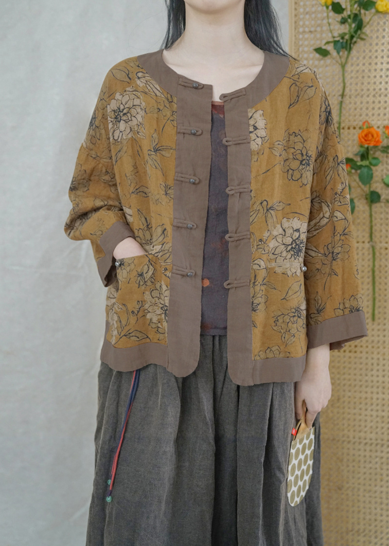 原创复古香云纱印花对襟亚麻开衫 国潮中式做旧小外套衬衫s22105