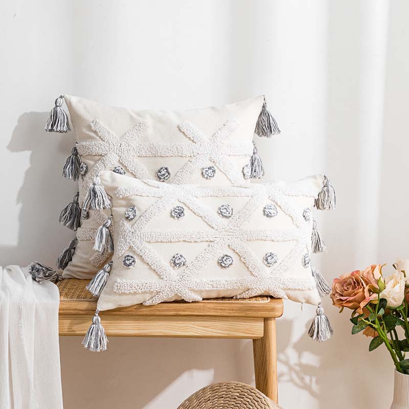 Amazon Cross-Border Bohemian Tassel Pillow Cover Cotton Canvas Stitching Sofa Cushion Lumbar Cushion Cover Wholesale