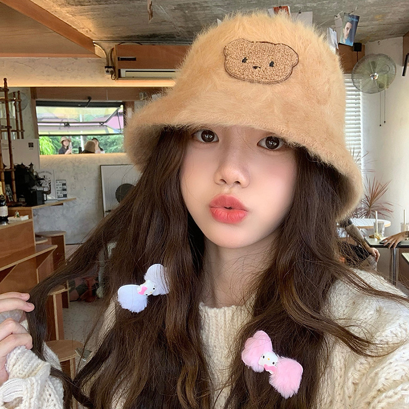 语菲塔塔帽子屋 韩版兔毛可爱小熊刺绣渔夫帽女秋冬加厚保暖学生