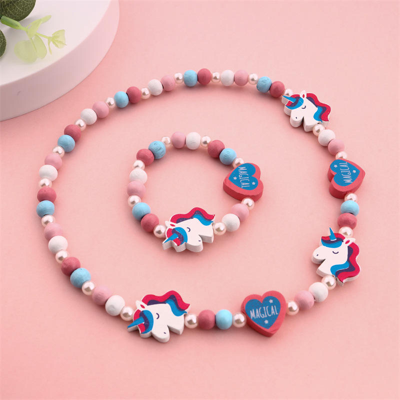 Creative Unicorn Children's Wooden Bead Bracelet Wooden Handmade Beaded Bracelet Cartoon Shape Bracelet Necklace Set