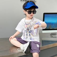 2024年新款韩版中小童男童夏装宝宝洋气白搭休闲机器人短袖套装潮