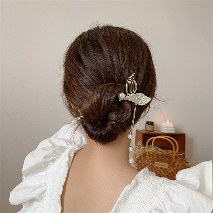 New Fashion Mermaid Tail Hair Hairpin Pearl Rhinestone Hair Clasp Ancient Style Han Chinese Clothing Hair Accessories