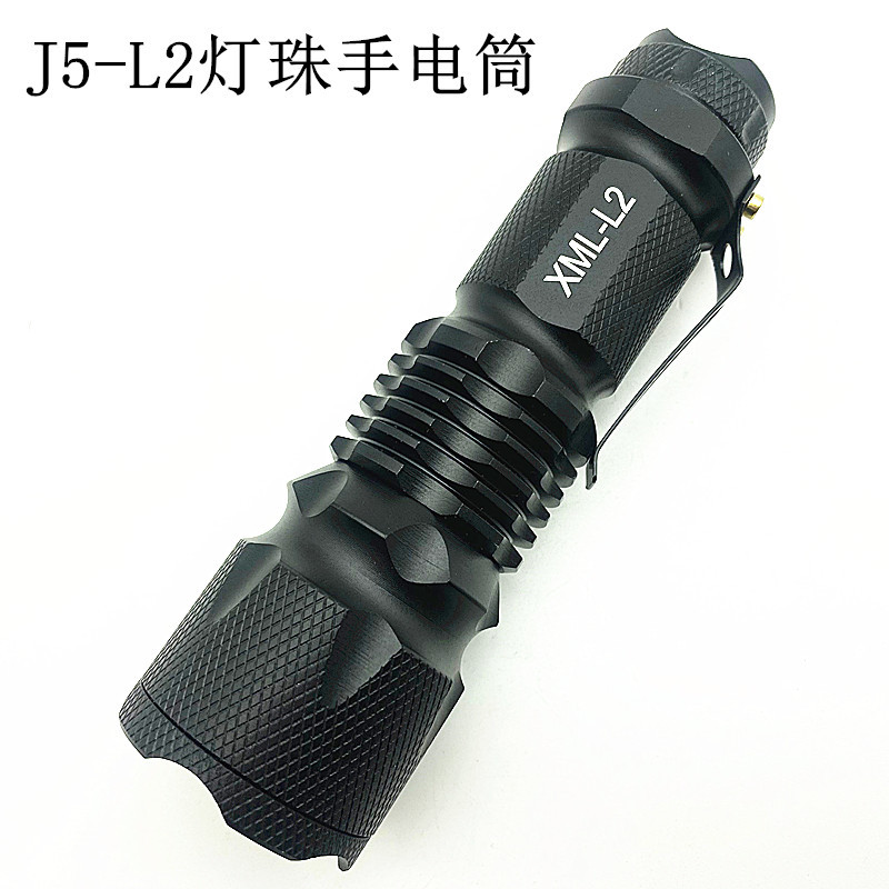 批发l2灯珠户外骑行迷你铝合金强光手电筒伸缩变焦充电j5手电筒