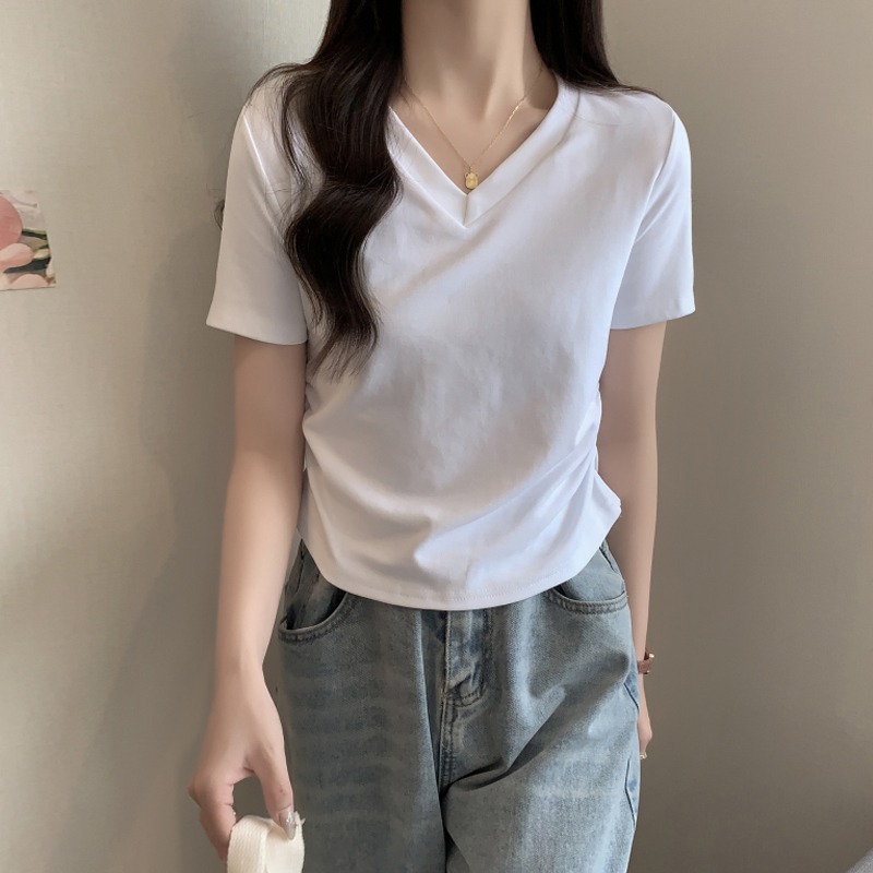 V-neck Pure Desire Style Elastic and Waisted Solid Color Shoulder Women's Summer 2023 New Design Sense Short All-Match Short Sleeve T-shirt