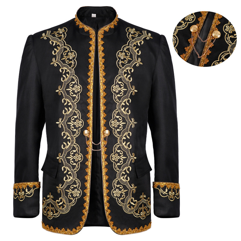 新款外贸欧美男士镶金礼服宫廷装影楼服装黑白歌剧舞台表演服