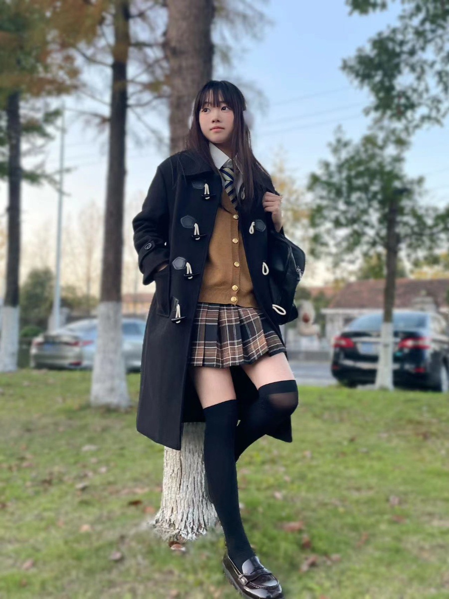 秋冬季学院风牛角扣呢子大衣外套女jk制服套装中长款毛呢加厚大衣