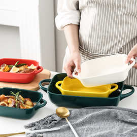 厂家烤盘长方形芝士焗饭盘陶瓷双耳盘子家用烤箱微波炉专用烘焙盘