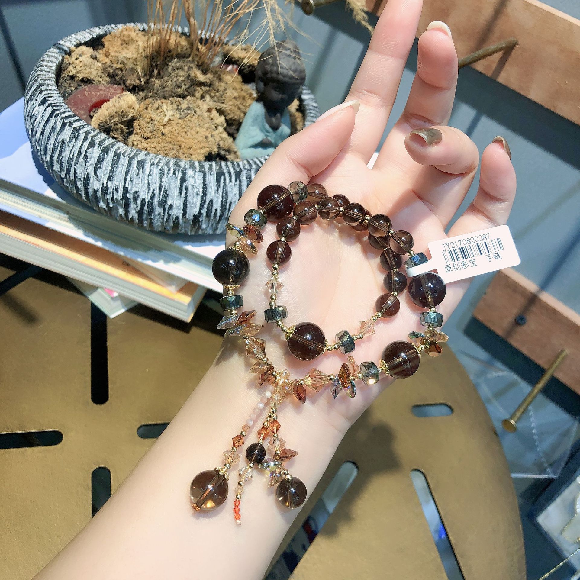 茶晶凤羽幽灵金发晶手链两圈奥地利水晶手串手工串珠饰品配饰首饰