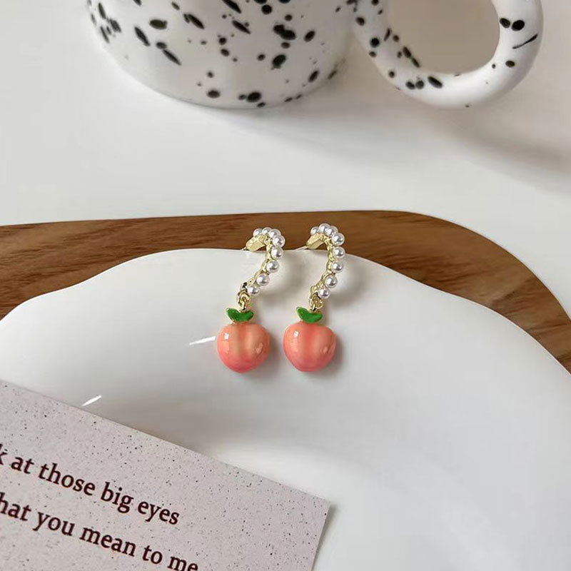 925 Silver Needle Korean Style Fresh Pink Peach Earrings Design Pearl Earrings Summer Sweet Fruit Earrings