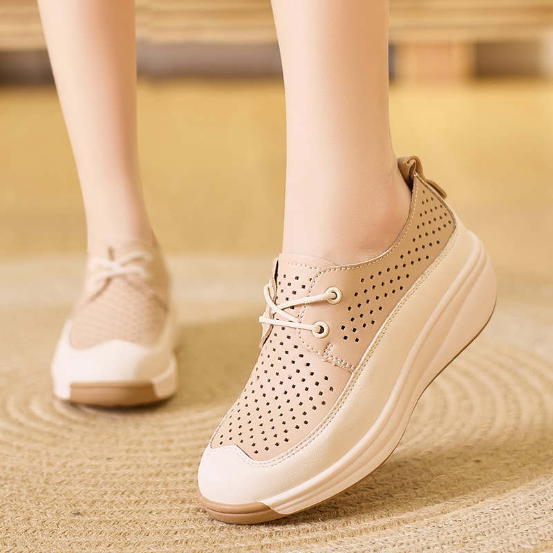 新款百搭女鞋真皮镂空夏季透气运动休闲鞋坡跟厚底套脚增高松糕鞋