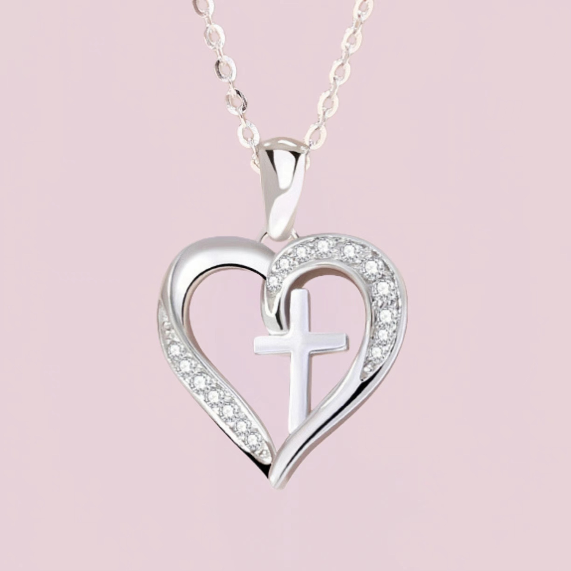 跨境时尚款亚马逊新款十字架心形吊坠微镶锆石几何百搭情人节礼物