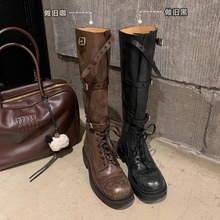 牛皮版~葡萄妈同款真皮阿miu皮带扣复古粗跟做旧中筒骑士靴女长靴