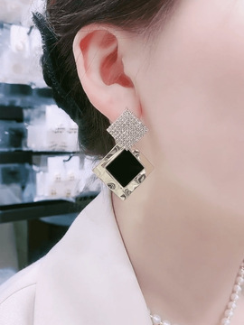 高级感满钻几何菱形耳环2021年新款时尚气质百搭银针耳坠夸张耳饰