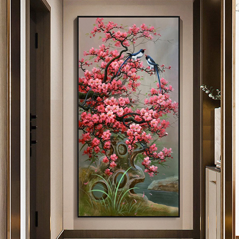 纯手绘油画喜上枝头花鸟喜鹊杜鹃花新中式玄关装饰画走廊卧室挂画