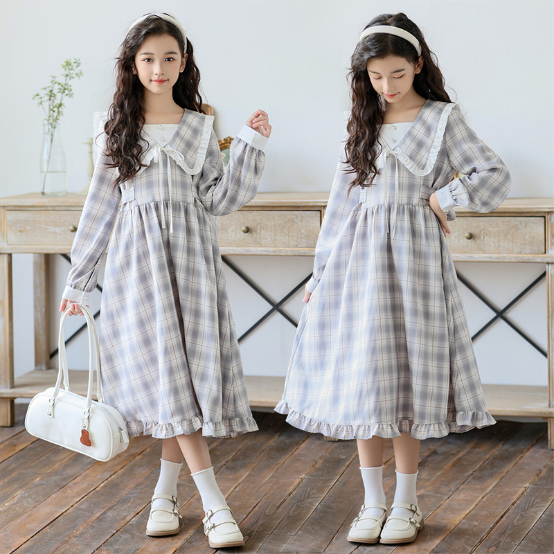 女童连衣裙秋装长袖格子裙子2024新款中大童儿童小女孩甜美长裙