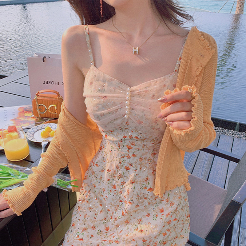 Spring Dress 2022 New Women's Gentle Elegant Style French Floral Strap Dress Dress Two-Piece Suit Summer