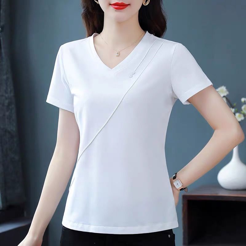 Summer New V-neck Short-Sleeved T-shirt for Women 2023 Fashionable Stylish Loose Middle-Aged Mom Top Solid Color T-shirt