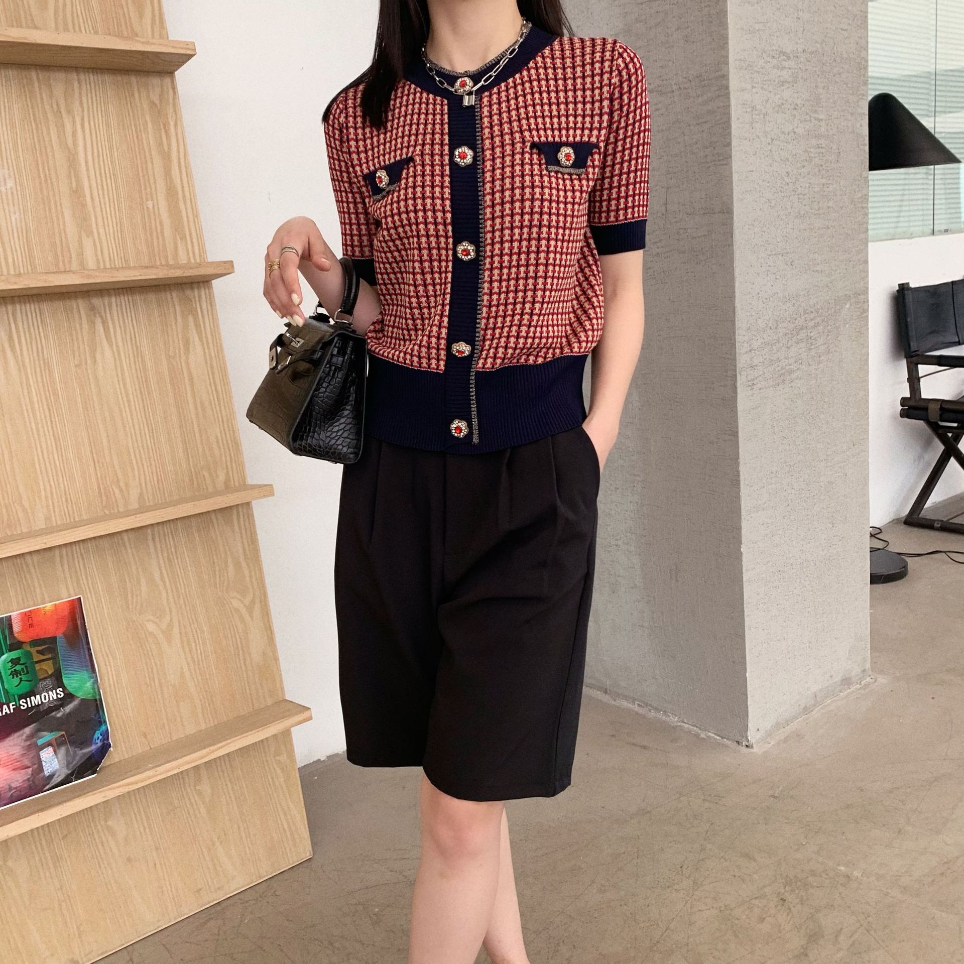 t7156 2021夏季设计感亮丝撞色富贵小香风针织假扣短袖t恤女