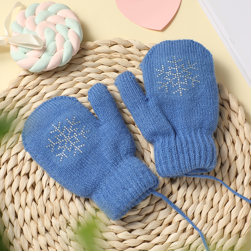 Winter Children's Cold-Proof Finger Warm Gloves Hot Drilling Snowflake Pattern Double Layer Brushed Lining Knitted Gloves