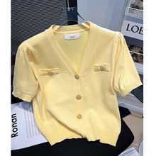 黄色小香风v领针织短袖女2023夏季新款甜美温柔小众别致短款上衣
