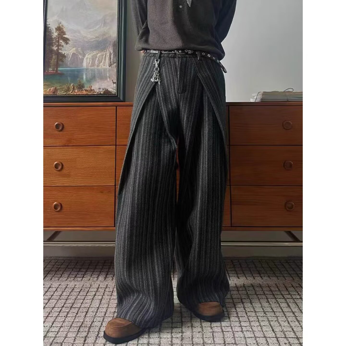 老钱风打褶条纹毛毡西裤男秋季慵懒风a字阔腿弯刀裤子垂坠休闲裤