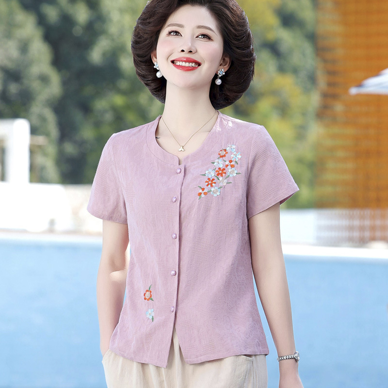 妈妈夏季衬衫中老年人女装绣花短袖上衣奶奶装夏装老太太衬衣上衣