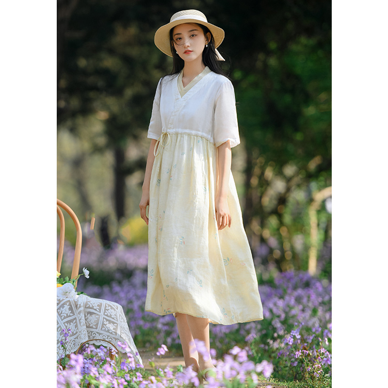 Cotton and Linen Women's Clothing 2022 New Short-Sleeved Dress Summer Tight Waist Retro Han Chinese Clothing Temperament Ramie Skirt Wholesale